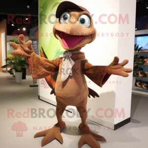 Brown Pterodactyl mascot costume character dressed with a Henley Shirt and Shoe laces