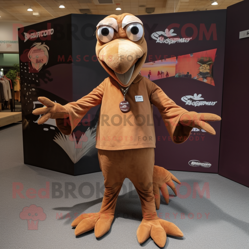 Brown Pterodactyl mascot costume character dressed with a Henley Shirt and Shoe laces