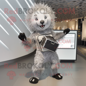 Silver Porcupine mascot costume character dressed with a Bodysuit and Briefcases