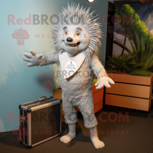 Silver Porcupine mascot costume character dressed with a Bodysuit and Briefcases