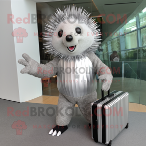Silver Porcupine mascot costume character dressed with a Bodysuit and Briefcases