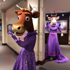 Purple Guernsey Cow mascot costume character dressed with a Evening Gown and Cummerbunds