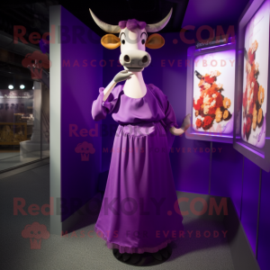 Purple Guernsey Cow mascot costume character dressed with a Evening Gown and Cummerbunds