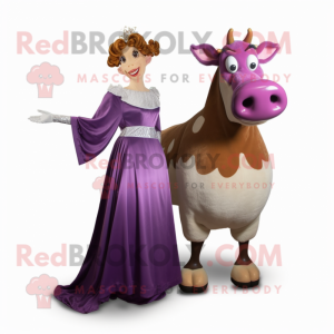 Purple Guernsey Cow mascot costume character dressed with a Evening Gown and Cummerbunds