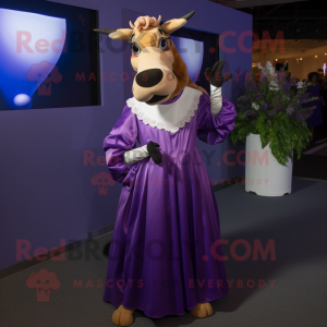 Purple Guernsey Cow mascot costume character dressed with a Evening Gown and Cummerbunds