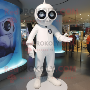 White Cyclops mascot costume character dressed with a Jumpsuit and Eyeglasses