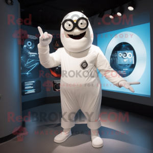 White Cyclops mascot costume character dressed with a Jumpsuit and Eyeglasses