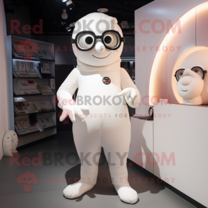 White Cyclops mascot costume character dressed with a Jumpsuit and Eyeglasses