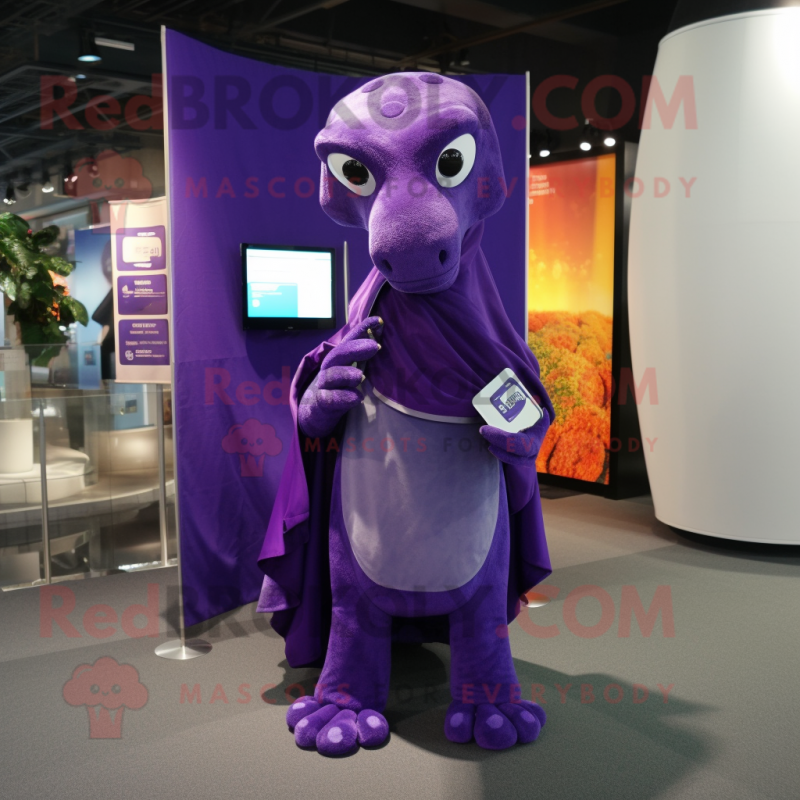 Purple Diplodocus mascot costume character dressed with a Cover-up and Messenger bags