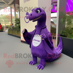 Purple Diplodocus mascot costume character dressed with a Cover-up and Messenger bags