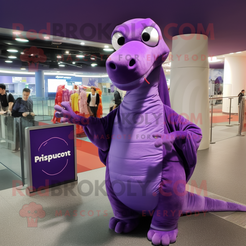 Purple Diplodocus mascot costume character dressed with a Cover-up and Messenger bags