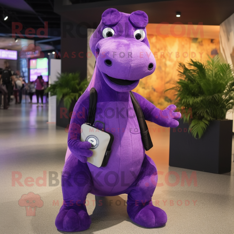 Purple Diplodocus mascot costume character dressed with a Cover-up and Messenger bags Purple Diplodocus mascot costume character dressed with a Cover-up and Messenger bags