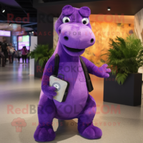 Purple Diplodocus mascot costume character dressed with a Cover-up and Messenger bags