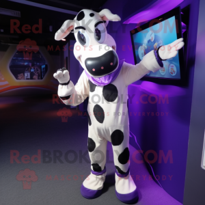 Purple Holstein Cow mascot costume character dressed with a Playsuit and Gloves