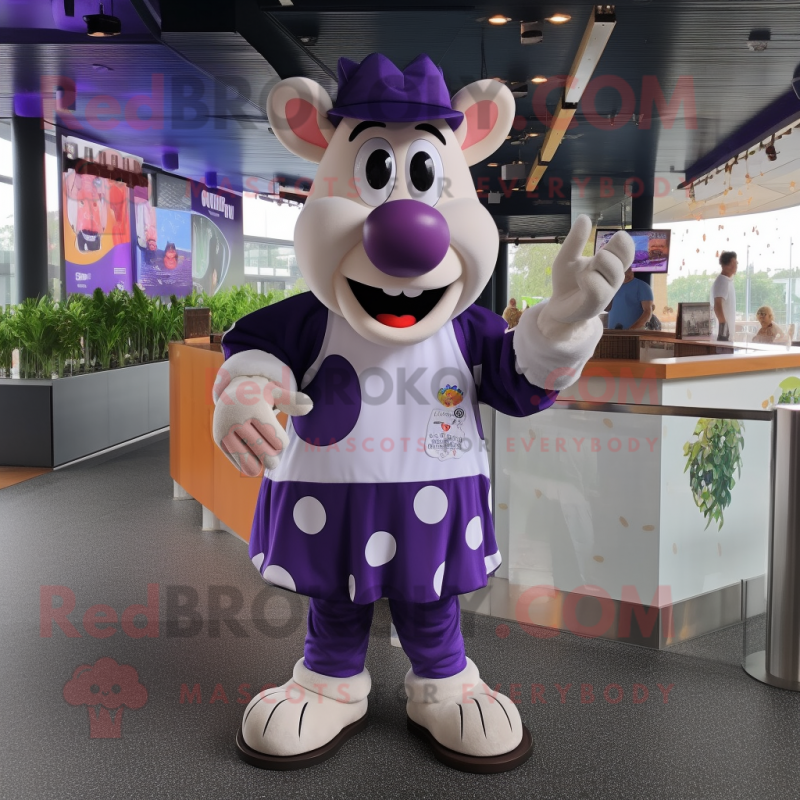 Purple Holstein Cow mascot costume character dressed with a Playsuit and Gloves Purple Holstein Cow mascot costume character dressed with a Playsuit and Gloves