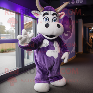 Purple Holstein Cow mascot costume character dressed with a Playsuit and Gloves