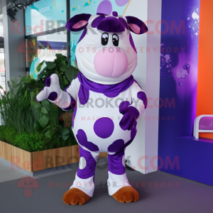 Purple Holstein Cow mascot costume character dressed with a Playsuit and Gloves