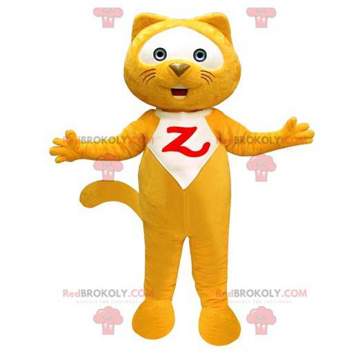 Mascote gigante e engraçado de gato amarelo e branco -