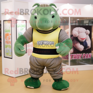 Green Glyptodon mascot costume character dressed with a Joggers and Belts