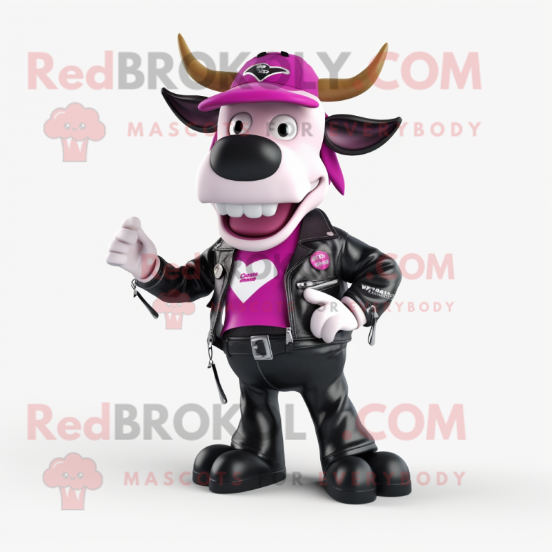 Magenta Holstein Cow mascot costume character dressed with a Biker Jacket and Hats