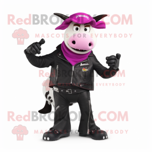 Magenta Holstein Cow mascot costume character dressed with a Biker Jacket and Hats