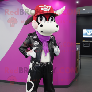 Magenta Holstein Cow mascot costume character dressed with a Biker Jacket and Hats