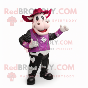 Magenta Holstein Cow mascot costume character dressed with a Biker Jacket and Hats