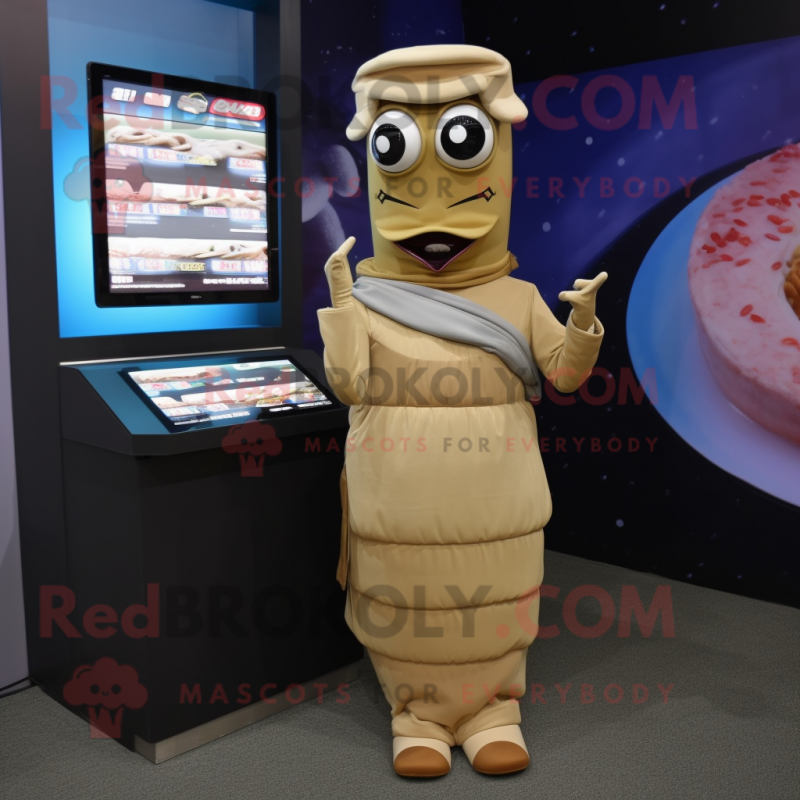 Tan Sushi mascot costume character dressed with a Empire Waist Dress and Digital watches