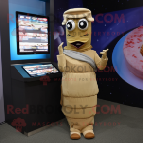Tan Sushi mascot costume character dressed with a Empire Waist Dress and Digital watches