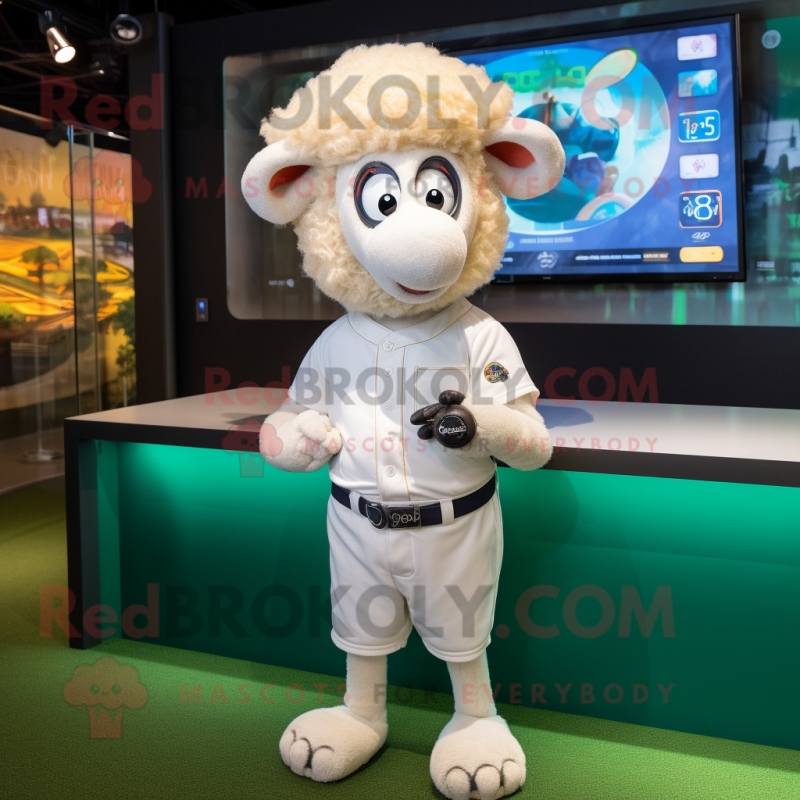 White Sheep mascot costume character dressed with a Baseball Tee and Digital watches