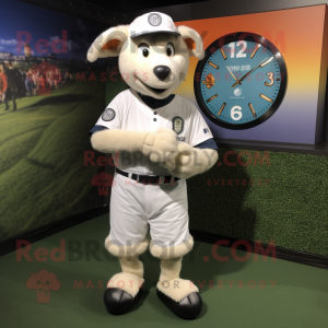 White Sheep mascot costume character dressed with a Baseball Tee and Digital watches