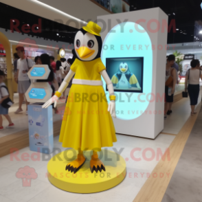 Lemon Yellow Penguin mascot costume character dressed with a Midi Dress and Bracelet watches