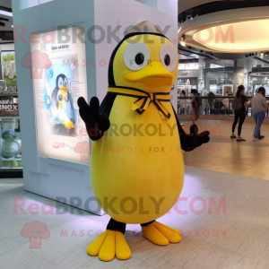 Lemon Yellow Penguin mascot costume character dressed with a Midi Dress and Bracelet watches