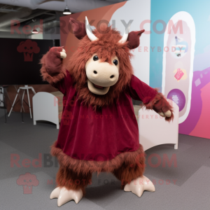 Maroon Woolly Rhinoceros mascot costume character dressed with a Midi Dress and Brooches