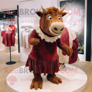 Maroon Woolly Rhinoceros mascot costume character dressed with a Midi Dress and Brooches