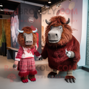 Maroon Woolly Rhinoceros mascot costume character dressed with a Midi Dress and Brooches