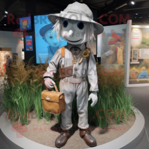 Silver Scarecrow mascot costume character dressed with a Jacket and Messenger bags