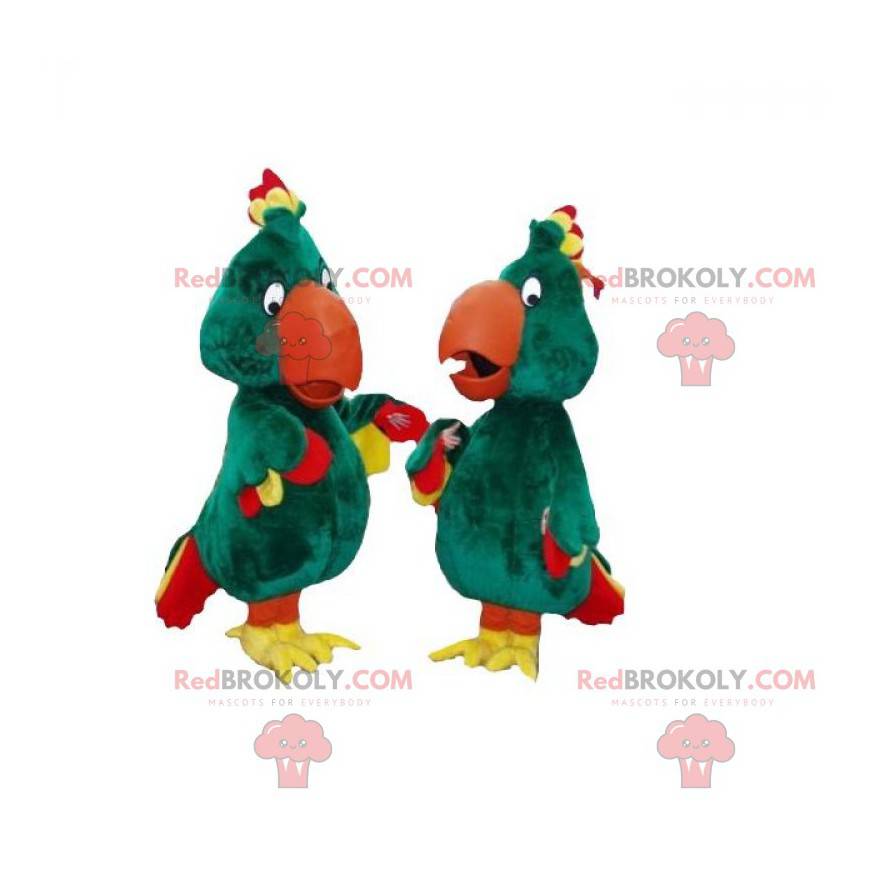 2 mascotes de papagaios verdes, amarelos e vermelhos -