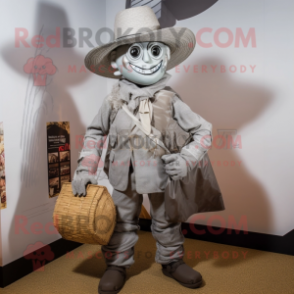 Silver Scarecrow mascot costume character dressed with a Jacket and Messenger bags