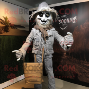 Silver Scarecrow mascot costume character dressed with a Jacket and Messenger bags