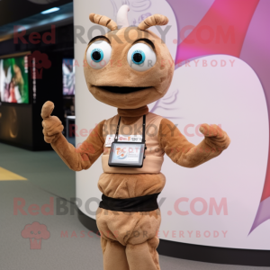 Brown Shrimp Scampi mascot costume character dressed with a Bodysuit and Smartwatches