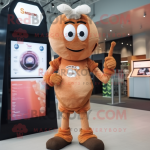 Brown Shrimp Scampi mascot costume character dressed with a Bodysuit and Smartwatches