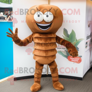 Brown Shrimp Scampi mascot costume character dressed with a Bodysuit and Smartwatches