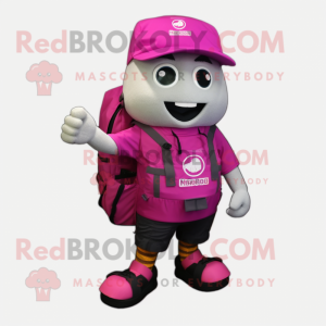 Magenta Camera mascot costume character dressed with a Cargo Shorts and Backpacks