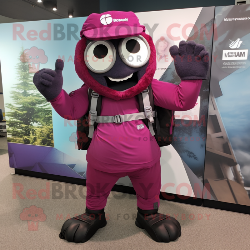 Magenta Camera mascot costume character dressed with a Cargo Shorts and Backpacks