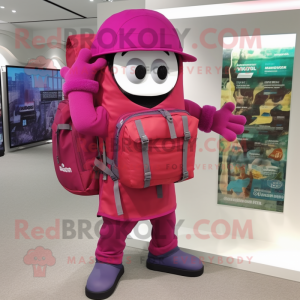 Magenta Camera mascot costume character dressed with a Cargo Shorts and Backpacks