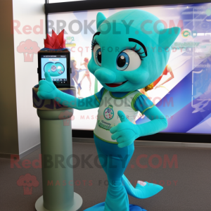 Cyan Mermaid mascot costume character dressed with a Polo Shirt and Digital watches