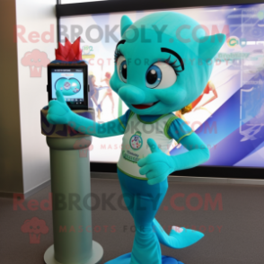 Cyan Mermaid mascot costume character dressed with a Polo Shirt and Digital watches