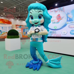 Cyan Mermaid mascot costume character dressed with a Polo Shirt and Digital watches