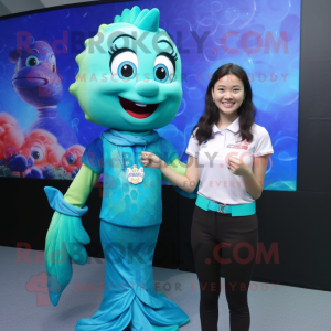 Cyan Mermaid mascot costume character dressed with a Polo Shirt and Digital watches